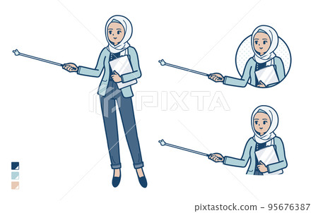 Illustration of a casual fashion Arabian woman explaining with a pointing stick Illustration of a casual fashion Arabian woman explaining with a pointing stick 95676387