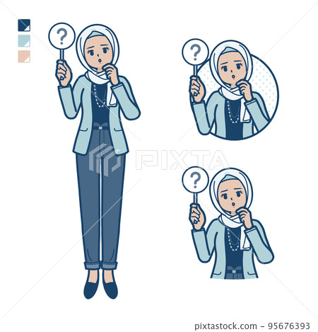 一個休閒時尚阿拉伯女人拿出問號面板的插圖 95676393