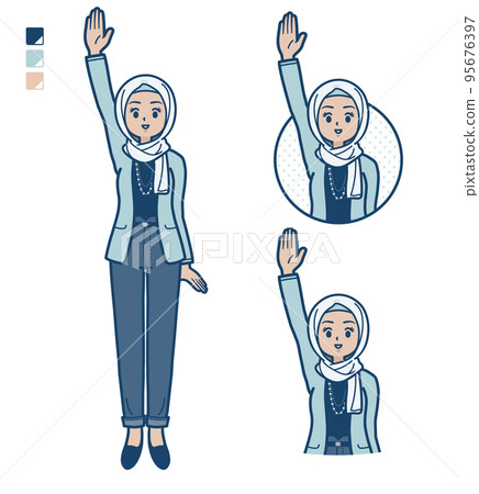 Illustration of a casual fashion arabic woman raising her hand 95676397