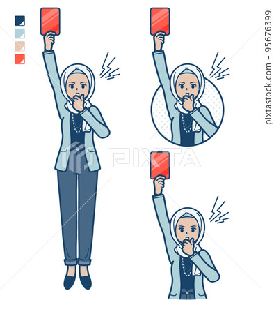 Illustration of a casual fashion Arabian woman presenting a red card Illustration of a casual fashion Arabian woman presenting a red card 95676399