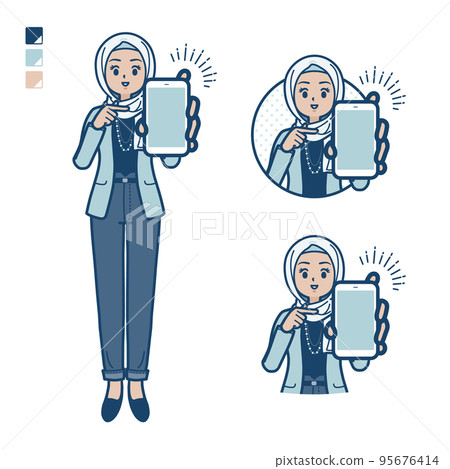 Illustration of a casual fashion Arabian woman presenting a smartphone 95676414