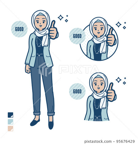 Illustration of a casual fashion arabic woman doing thumbs up 95676429