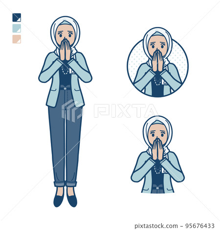 Illustration of a casual fashion Arabian woman looking surprised and anxious 95676433