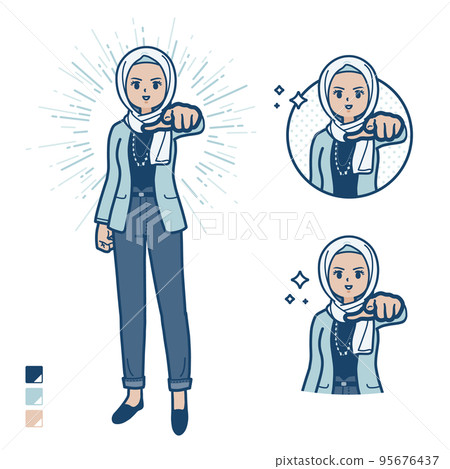 Illustration of a casual fashion arabic woman pointing to the front 95676437