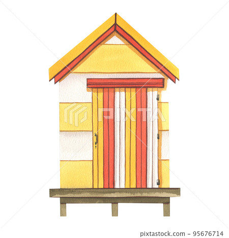 Beach house, surf garage, orange, red and white, wooden, striped. Watercolor illustration. An isolated object from the SURFING collection. For decoration and design of compositions, prints. 95676714