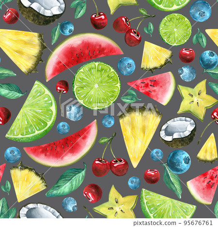 Tropical fruits, pieces of pineapple, coconut, watermelon, lime, caramboles with cherries and blueberries. Seamless, watercolor pattern. For fabric, textiles, wallpaper, paper. 95676761