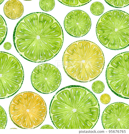 Watercolor illustration of slices of citrus lime, lemon, orange, grapefruit. Round shapes in a seamless pattern. For fabric, textiles, prints, wallpaper, paper, clothing. 95676765