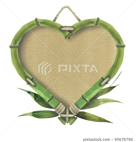 A heart-shaped frame made of bamboo stalks with a cardboard backing, jute rope and leaves. Watercolor illustration. For decoration, design of postcards, posters, souvenirs, banners, stickers. A heart-shaped frame made of bamboo stalks with a cardboard backing, jute rope and leaves. Watercolor illustration. For decoration, design of postcards, posters, souvenirs, banners, stickers. 95676798
