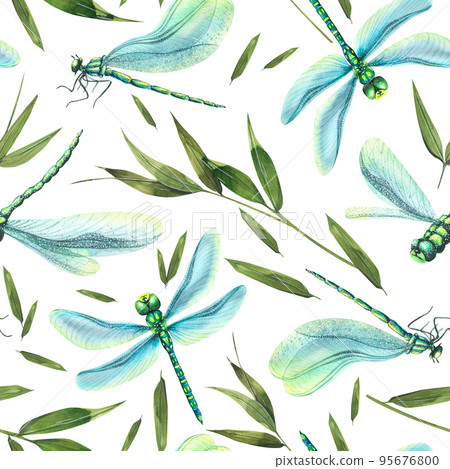 Blue dragonflies with bamboo leaves. Summer, gentle, light. Watercolor seamless pattern. For textiles, fabrics, wallpaper, paper, scrapbooking, print, cover, souvenirs, clothing, stickers, interior. Blue dragonflies with bamboo leaves. Summer, gentle, light. Watercolor seamless pattern. For textiles, fabrics, wallpaper, paper, scrapbooking, print, cover, souvenirs, clothing, stickers, interior. 95676800