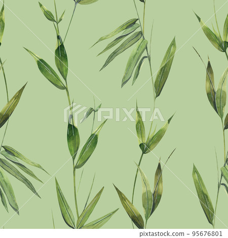 Watercolor illustration of bamboo leaves and twigs. The ornament is in a seamless pattern, delicate. light green. Design for fabric, textiles, wallpaper, scrap, paper, print. Watercolor illustration of bamboo leaves and twigs. The ornament is in a seamless pattern, delicate. light green. Design for fabric, textiles, wallpaper, scrap, paper, print. 95676801