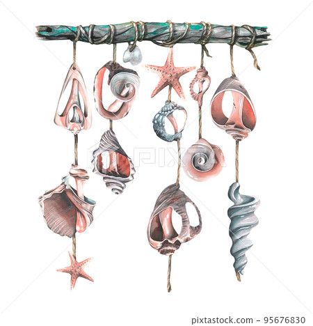A wooden snag with broken seashells and sea stars suspended. Watercolor illustration. Decorative element from the collection of WHALES. For the design and decoration of postcards, posters, souvenirs. A wooden snag with broken seashells and sea stars suspended. Watercolor illustration. Decorative element from the collection of WHALES. For the design and decoration of postcards, posters, souvenirs. 95676830