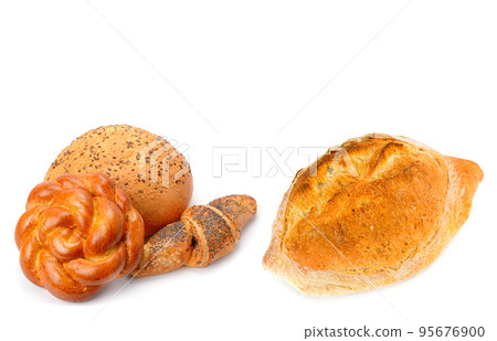 Bread and sweet pastry isolated on white. Place for your text. Collage. 95676900