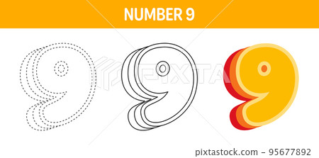 Number 9 Orange, tracing and coloring worksheet for kids 95677892