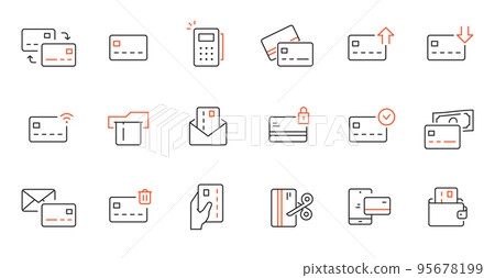 Credit card line icon set. Credit card payment, money transfer, mobile bank business pictogram. Outline editable stroke icon set 95678199