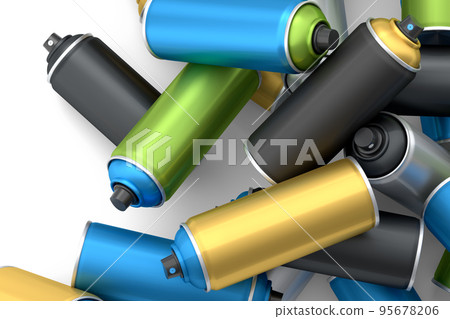 Lots of flying spray paint cans on white background. Spray bottle and dispenser Lots of flying spray paint cans on white background. Spray bottle and dispenser 95678206