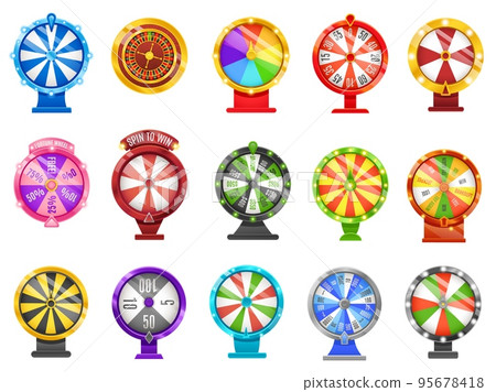 Fortune wheels. Lucky chance roulette wheel, spin to win circles and casino game elements vector Illustration set Fortune wheels. Lucky chance roulette wheel, spin to win circles and casino game elements vector Illustration set 95678418