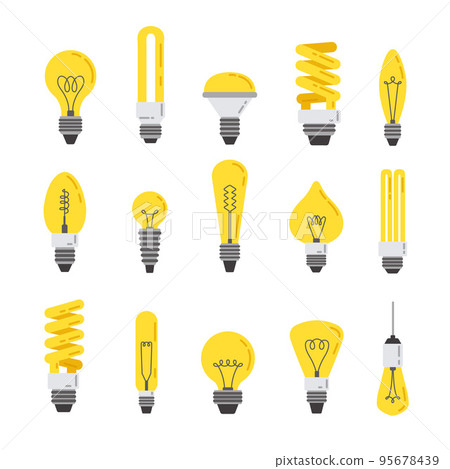 Flat light bulb. Incandescent lamp, energy efficient led lights and bright idea symbol cartoon vector set Flat light bulb. Incandescent lamp, energy efficient led lights and bright idea symbol cartoon vector set 95678439