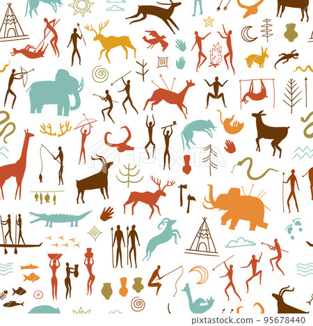Rock paintings pattern. Prehistoric painted cave wall, stone age art of primitive people and cave drawings seamless vector Illustration 95678440