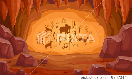 Prehistoric cave with paintings. Old cave drawings of primitive people, stone age art, ancient history and archeology vector Illustration Prehistoric cave with paintings. Old cave drawings of primitive people, stone age art, ancient history and archeology vector Illustration 95678444