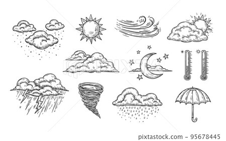 Sketch weather icons. Hand drawn rain, storm and snow. Clear sun and moon, tornado and hurricane wind, thermometer and retro umbrella vector set Sketch weather icons. Hand drawn rain, storm and snow. Clear sun and moon, tornado and hurricane wind, thermometer and retro umbrella vector set 95678445