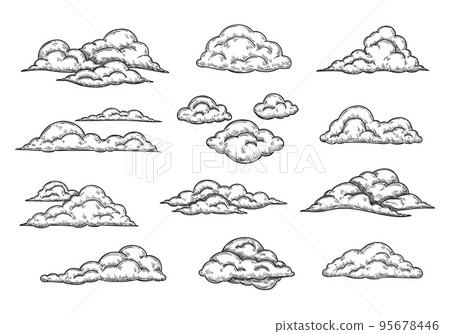 Sketch clouds. Hand drawn pencil cloudy sky, retro cloud shape engraving and overcast weather elements isolated vector Illustration set Sketch clouds. Hand drawn pencil cloudy sky, retro cloud shape engraving and overcast weather elements isolated vector Illustration set 95678446