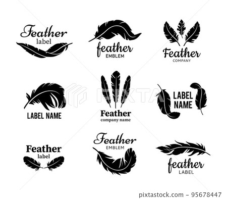 Feather emblem. Soft plume label, bird wing feathers silhouette with text template and law company badge vector set Feather emblem. Soft plume label, bird wing feathers silhouette with text template and law company badge vector set 95678447