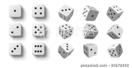 Rolling dice. White roll cubes for gamble games, top view dice sides and falling 3D angles lucky craps realistic vector objects set Rolling dice. White roll cubes for gamble games, top view dice sides and falling 3D angles lucky craps realistic vector objects set 95678450