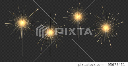 New year sparkler candle. Bengal fire for winter holidays party, gold sparks and glow light effect vector set New year sparkler candle. Bengal fire for winter holidays party, gold sparks and glow light effect vector set 95678451