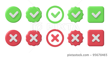 Checkmark 3d icons. Checklist green tick and red cross. Accepted and decline, true or false and verified sign vector set Checkmark 3d icons. Checklist green tick and red cross. Accepted and decline, true or false and verified sign vector set 95678465