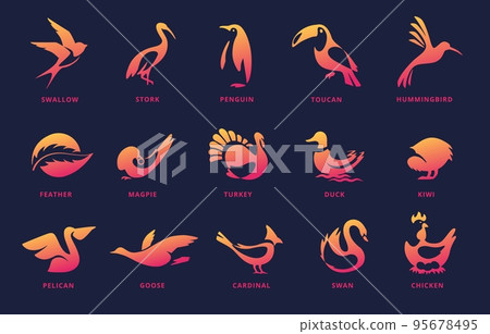 Negative space bird icons. Swan emblem, kiwi silhouette and flying swallow. Different birds symbols vector set 95678495