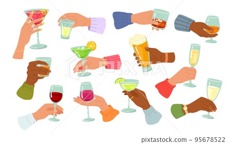 Alcohol drinks in hands. People holding glass of wine or sparkling champagne, pint beer and bar cocktail or strong alcohol vector Illustration set Alcohol drinks in hands. People holding glass of wine or sparkling champagne, pint beer and bar cocktail or strong alcohol vector Illustration set 95678522