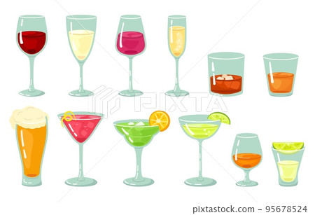 Alcohol drinks. Bar beverage alcoholic cocktails, glass of wine and pint beer. Rum and tequila shot, whiskey with ice vector Illustration set Alcohol drinks. Bar beverage alcoholic cocktails, glass of wine and pint beer. Rum and tequila shot, whiskey with ice vector Illustration set 95678524