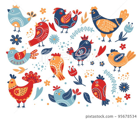 Cute birds with folk ornaments. Ethnic animals with ornamental patterns and flowers, colourful abstract bird and chicken vector Illustration set 95678534