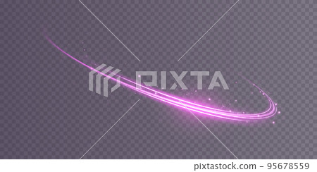 Abstract light lines of movement and speed with purple color sparkles. Light everyday glowing effect. semicircular wave, light trail curve swirl, car headlights, incandescent optical fiber. 95678559