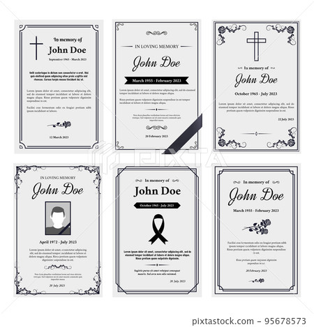 Condolence obituary card layout. In loving memory of, funerals invitation cover with black ribbon corner and grief sheet vector set 95678573