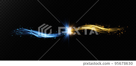 Abstract light lines of movement and speed in blue and gold. Light everyday glowing effect. semicircular wave, light trail curve swirl, car headlights, incandescent optical fiber png. 95678630
