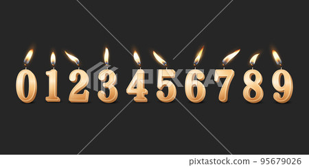 Vector 3d Realistic Paraffin or Wax Burning Golden Birthday Party Candles, Numbers and Different Flame of a Candle Icon Set Isolated. Design Template, Clipart, Birthday Concept Vector 3d Realistic Paraffin or Wax Burning Golden Birthday Party Candles, Numbers and Different Flame of a Candle Icon Set Isolated. Design Template, Clipart, Birthday Concept 95679026