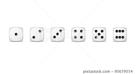 Vector 3d Realistic White Game Dice Icon Set Closeup Isolated. Game Cubes for Gambling, Casino Dices From One to Six Dots, Round Edges Vector 3d Realistic White Game Dice Icon Set Closeup Isolated. Game Cubes for Gambling, Casino Dices From One to Six Dots, Round Edges 95679554