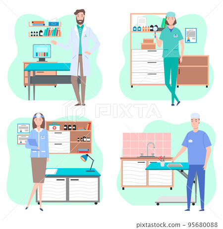 Veterinarian in office in vet clinic, woman and man medical staff wearing suit near table for animal 95680088