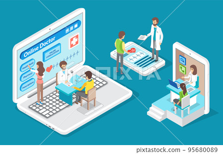 Isometric 3d illustration of laptop, smartphone, tablet, online consultation with doctor, cardiolog 95680089