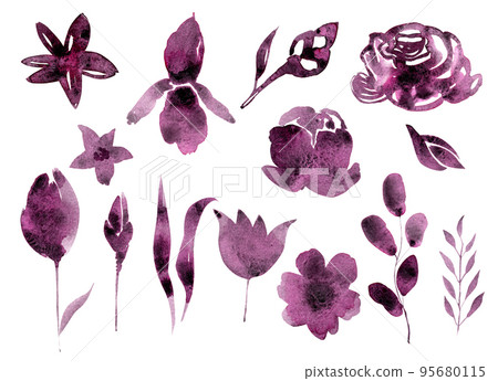 Set of watercolor illustrations of flowers. Purple flowers. Stylish watercolor wedding flower set. Elements are isolated and available for editing. Set of watercolor illustrations of flowers. Purple flowers. Stylish watercolor wedding flower set. Elements are isolated and available for editing. 95680115