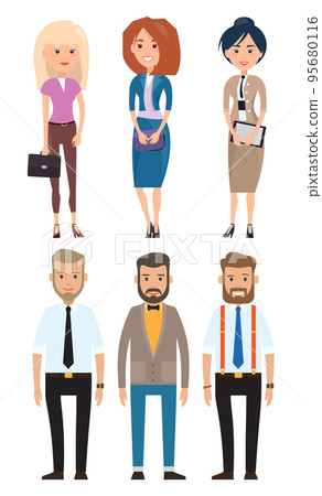 Three businesswomen and businessmen wearing stylish office clothes, accessories, office dresscode Three businesswomen and businessmen wearing stylish office clothes, accessories, office dresscode 95680116