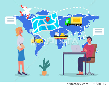 International business transportation, map with world and navigation icon, man talking with woman International business transportation, map with world and navigation icon, man talking with woman 95680117