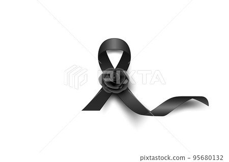 Vector Black Silk Ribbon with Black Rose. Design Template for Funeral Card, Banner, Invitation. Black Awareness Ribbon Isolated on White Background, Icon for Pray, Mourning Symbol Vector Black Silk Ribbon with Black Rose. Design Template for Funeral Card, Banner, Invitation. Black Awareness Ribbon Isolated on White Background, Icon for Pray, Mourning Symbol 95680132