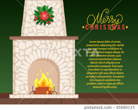 Merry Christmas Greeting Card with Stone Fireplace Merry Christmas Greeting Card with Stone Fireplace 95680133