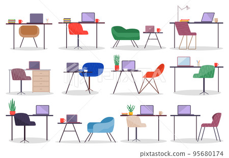 Workplace with modern wireless laptop and comfortable chair, collection of places for work Workplace with modern wireless laptop and comfortable chair, collection of places for work 95680174