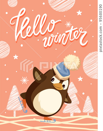 Hello Winter Card, Penguin Skating on Ice Rink 95680190