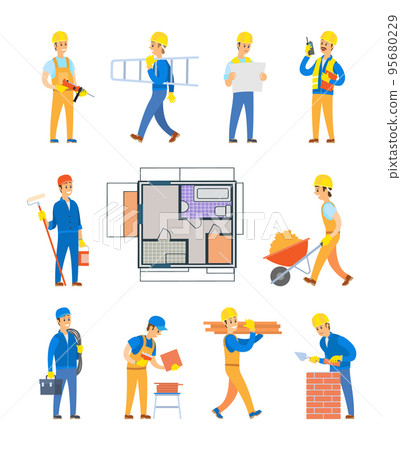 Workers with Tools and Planning Engineers Vector 95680229