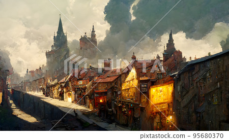 fantasy medieval town street, neural network... - Stock Illustration ...
