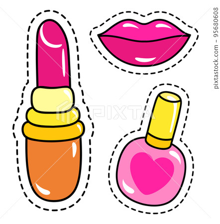 Makeup stickers, labels or print, with dotted frame cut out, pink lipstick, shiny lips, nail polish Makeup stickers, labels or print, with dotted frame cut out, pink lipstick, shiny lips, nail polish 95680608